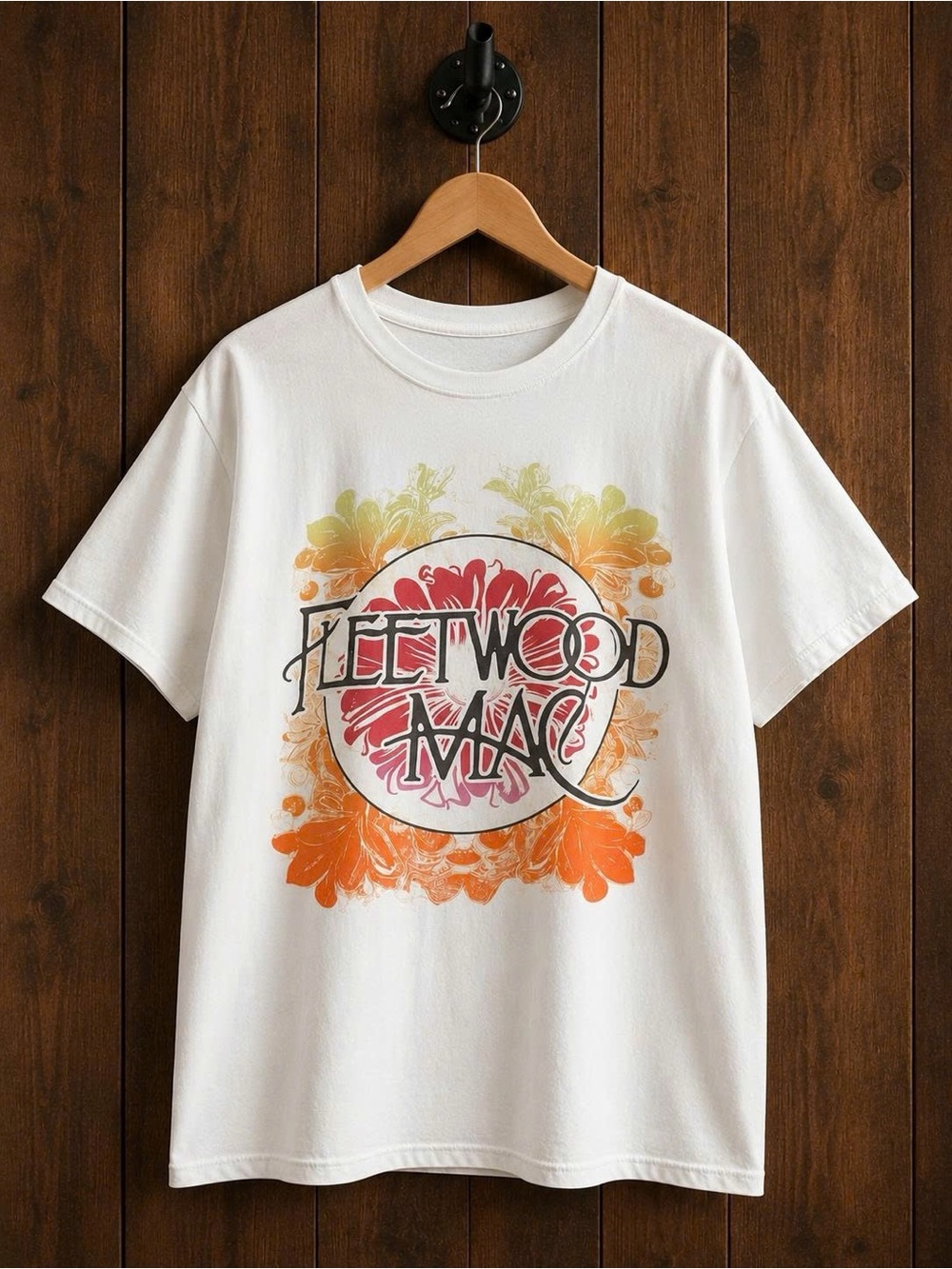 Fleetwood Mac Graphic Tee with Orange and Pink Floral Print